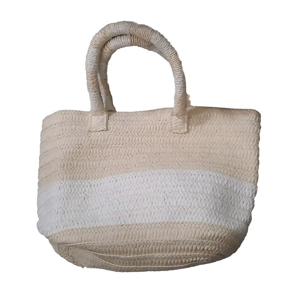 Altru Medium 100% Paper Straw Tan White Double Handles Tote Bag Purse